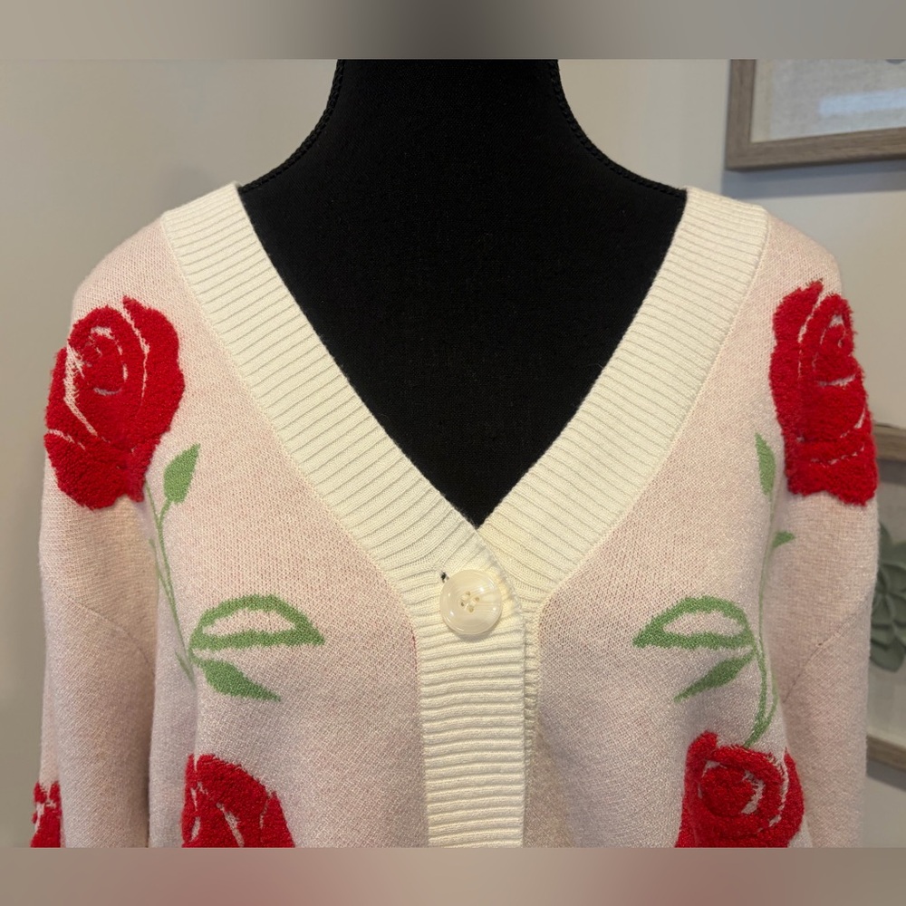Soho & Stella Pink & Red Rose Embroidered Button Front Cardigan NWT! - Picture 5 of 9